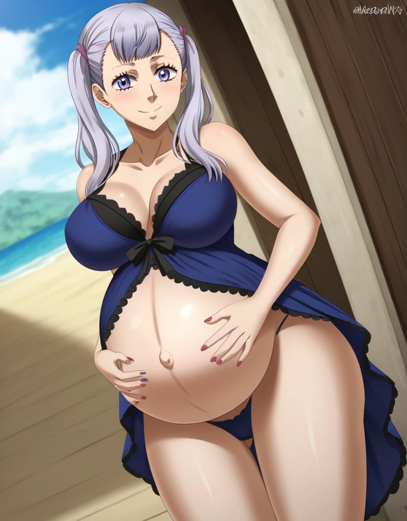 noelle_blackclover, Noelle Silva, Black Clover, long silver hair, waist-length hair, half-up half-down hairstyle, ribbon, side-parted bangs, almond-shaped blue eyes, high-quality, ultra-detailed, beast quality, 8K resolution,
looking at viewer, dutch angle, cowboy shot, smile, pregnant belly, large belly, big belly, big Breasts, belly button,
1girl,solo, indoors, beach, happy, Smiling, rub belly, Shiny skin,
full body, Nail polish,