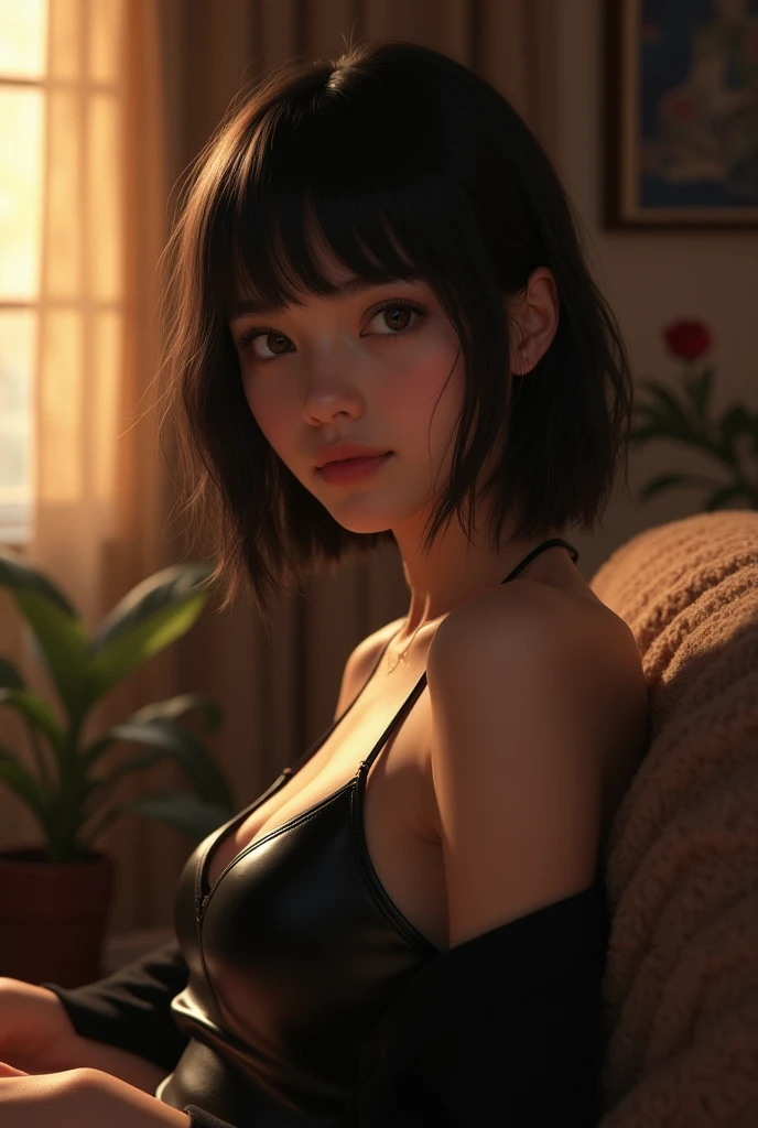 (photorealism:1.2), 1girl, typical, normal dim light, pretty cute, bob cut, black leather top, .score_9, score_8_up, score_7_up,score_6_up, window with sunlight, cozy room, relaxed pose, realistic, intricate details, warm colors, by Greg Rutkowski, by Alphonse Mucha