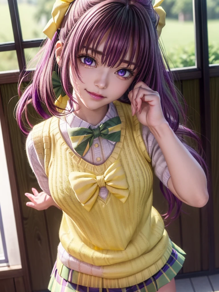 Momodebilke, Deviluke Type, demon tail, Hair Flower, hair ornaments, (Purple eyes:1.1), Pink Hair, short hair, tail, smile,
break demon tail, green skirt, Plaid, Plaid skirt, Sainan High School uniform, , skirt, Sweater vest, Knee socks, (Yellow Sweater:1.5), Short sleeve, bow, (green bow:1.5),
break indoors, classroom,
break looking at viewer, (Cowboy Shot:1.5),
break (masterpiece:1.2), Highest quality, High resolution, unity 8k wallpaper, (figure:0.8), (beautiful detailed eyes:1.6), extremely detailed face, Perfect lighting, extremely detailed CG, (Perfect hands, Perfect Anatomy),