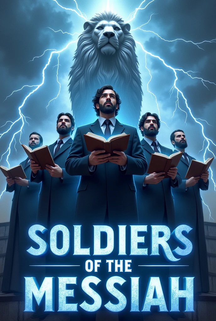 young men ascending with black beard standing arranged straight ,wearing suit, a huge statue of lion behind the men, lightning all over the place,each of them holding a blue sword with their right hand,each  bible on the other left hand, write boldy with blue and whit color "Soldiers of the Messia..." at the bottom
