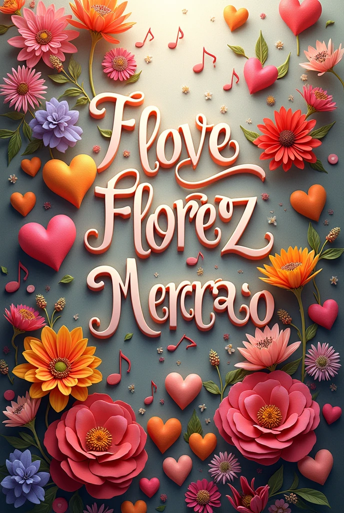 Image of the name florez Mercado with musical notes, hearts of various sizes and flowers of various colors and species