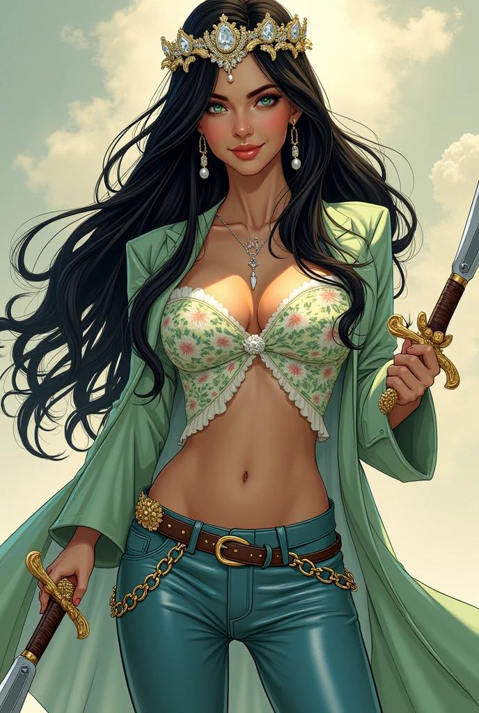 in the Human Comics style create a character, Jess is a girl with long black hair with golden highlights with a tiara with shiny stones. She has light green eyes and a radiant smile. She wears a light green floral coat and a blouse underneath with a cleavage on her breasts. She wears long light blue boots with a pointed toe, leather pants with small chains around them and long pearl earrings. She holds daggers with short blades and noble wooden handles