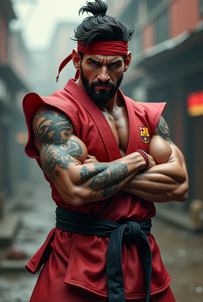 Make a fusion of Messi with Ryu from Street Fighter , replacing Barcelona&#39;s uniform with Ryu&#39;s, put a little more muscle and change the scenario to one from street fighter , Making the image as realistic as possible , replace the tattoo on your arm, for a tattoo of a 🐐