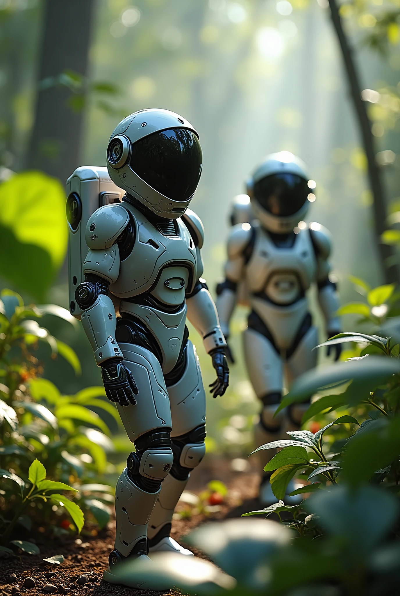 "Robots wearing space suits, Explorando a floresta misteriosa, capturado com uma lente macro, adding a touch of blur for an artistic effect, filmed in a studio environment. Focus on the intricate details of the robots and their futuristic design. Improve visual quality with RTX graphics. Incorporate the colorful and vibrant aesthetic inspired by the art of lora, especificamente o conceito de 'FINAL Robort' com um peso de 1, e experimente o estilo nijiMecha a um peso de 0.7."