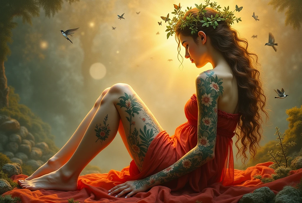 Aurora's Awakening: A museum-quality painting in the style of Leonardo da Vinci, featuring a serene and captivating full-body portrait of a woman clad in a stunning transparent white dress and stockings. Her skin is adorned with intricate, photorealistic tattoos depicting the Garden of Eden. Adam and Eve are tenderly entwined around her left ankle, while the Tree of Knowledge rises from her right shoulder like a verdant crown. Various animals - deer, birds, and serpents - mingle amidst lush foliage on her arms and torso. The woman's pose exudes tranquility, as if she's emerged from the Garden itself. The soft, golden-hued background glows with an ethereal light, subtly illuminated by lens flares that evoke a sense of divine presence. Every detail is meticulously rendered in the highest quality, from the red dress's luxurious texture to the delicate patterns on her stockings. The overall effect is one of breathtaking beauty, as if the very essence of femininity has been distilled onto the canvas. Composition: 0.618:1 (Golden Ratio) ensures harmony and balance in this masterpiece, with the woman's figure forming the central axis. The tattoos' intricate details are expertly woven into her skin, creating a sense of depth and dimensionality that draws the viewer's eye. Resolution: A high-definition masterpiece, achieved through an ultra-fine level of detail that invites the viewer to explore every aspect of this captivating work.