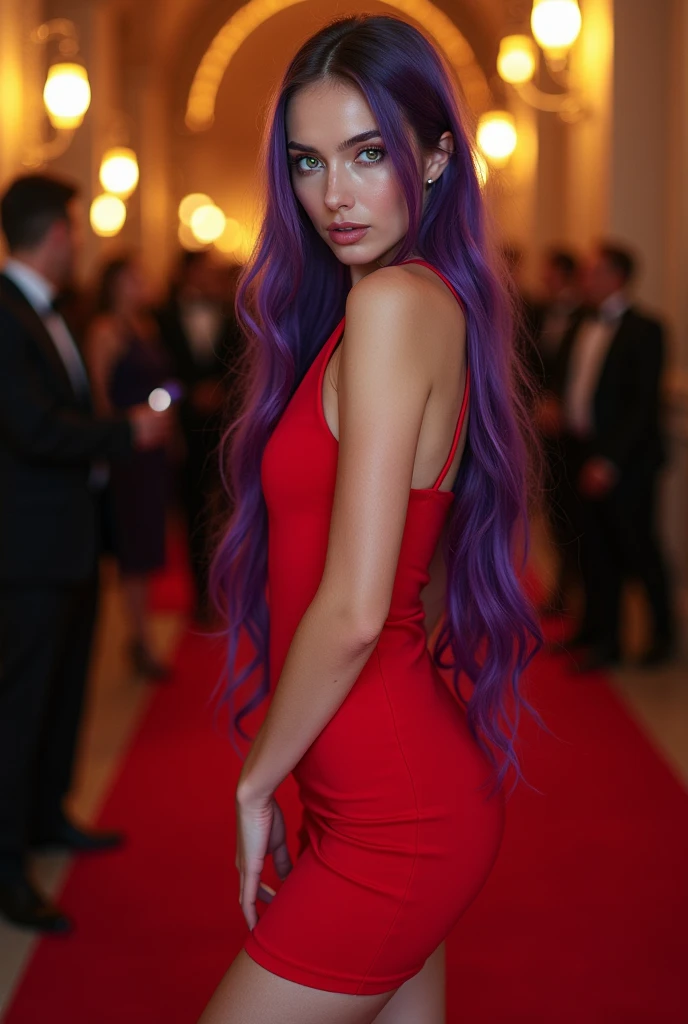 English woman,20 year, very white light skin,sparkling green eyes,long dark purple hair,red short dress,strong makeup,scene being photographed at the entrance of the show,cinema image,品質,full body images,detailed,Photography
