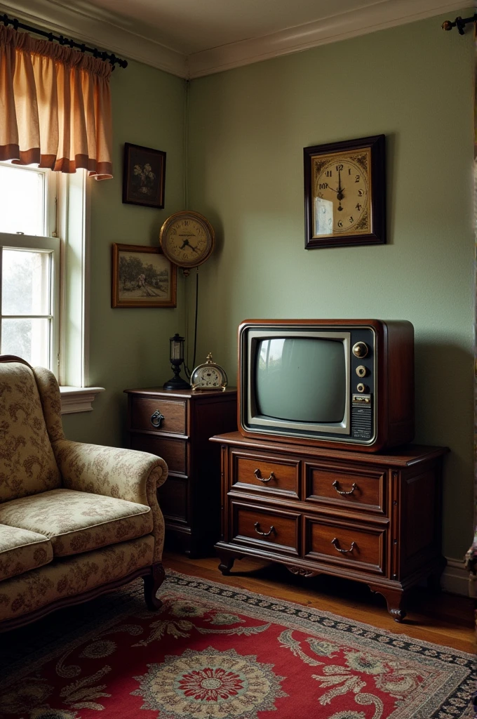 A room in grandma's house, with vintage objects: radio, tube tv, video cassete, clock on the wall and etc.