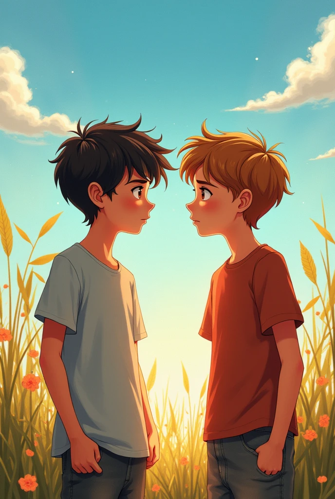 

One sunny afternoon, as the summer break began, both boys found themselves intrigued by the same mysterious girl they had met online. (Alex has brown hair and jake has light brown hair and they are younger boys)
