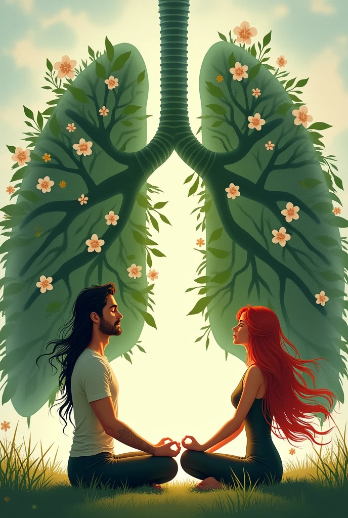 Realistic image of a man with long, flowing black hair in front of a red-haired woman, they are sitting facing each other side by side doing breathing techniques and meditation. And the scene behind is an image of a beautiful giant lung filled with leaves and flowers in green and orange tones.. It's very windy and leaves are flying .
