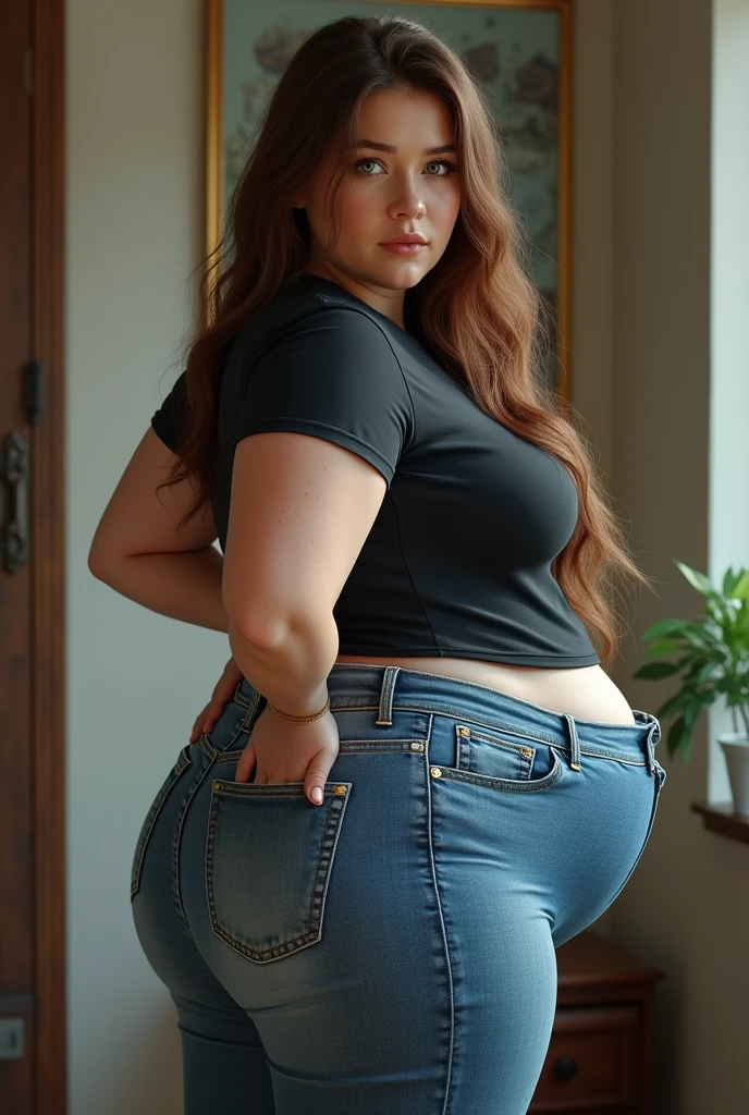 massive curvy butt and very thicc and curvy legs, long brown hair,blue eyes, 5'12 feet tall, wearing jeans and t-shirt,freckles on arms