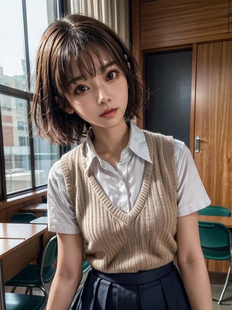 Masterpiece, Top Quality, Top Mikoto, brown eyes, short hair, small breasts, looking at viewer, alone, closed mouth, collared shirt, beige knit vest, dark blue Skirt, school_uniform, shirt, white_shirt, classroom,Masterpiece, highest quality, 8K, detailed skin texture, fine cloth texture, beautiful detailed face, intricate details, super detailed,cute,cute posing,composition that shows the whole body, pink hair