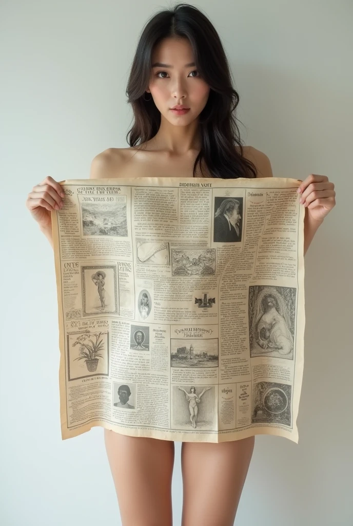 realistic photo, detailed photo, 1 beautiful Japanese woman, full body photo, simple background. look at the viewer:1.1, front view:1.2, ((( a woman put the large poster on her underwear body, off-shoulder:1.9, size of large poster is very big, she hide her shoulder and foot behind the large poster, she looks embarrass, larger poster has English novels and drawings and design on it)))