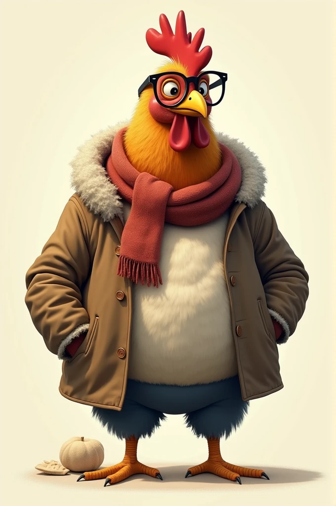 Super chicken with huge head and beak with coat and scarf and glasses