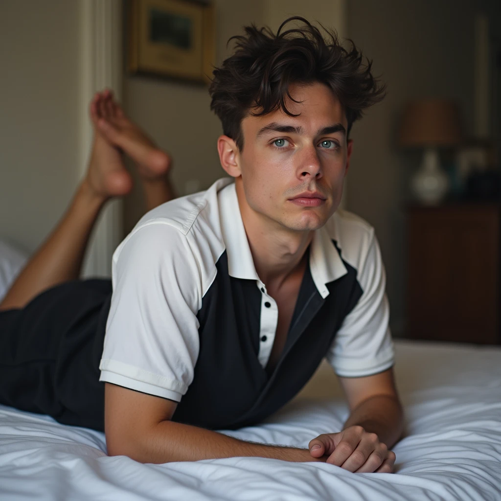 makes image of a white man, 3, model type, with short dark hair, with blue eyes, wearing a white and black polo shirt buttoned up to the neck, black pants, posing sideways, looking into the distance at the camera, wearing shorts, lying down on a bed. Unprofessional photo, type of cell phone and a little blurry so it doesn&#39;t look fake.