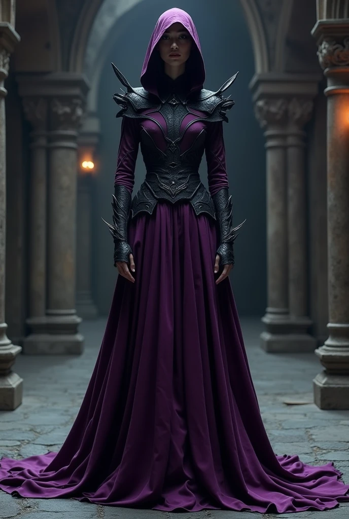 Black and purple framed dress with Medieval hood