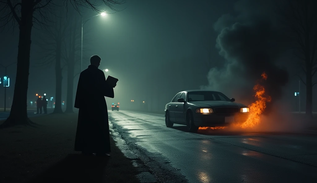 "A dimly lit road at night with a smoking car in the foreground. A shadowy figure of a priest, holding a bible, is located near the vehicle, with the flames reflected in its dark silhouette. The background is shrouded in darkness, with faint outlines of emergency personnel, giving a feeling of isolation and suspense."