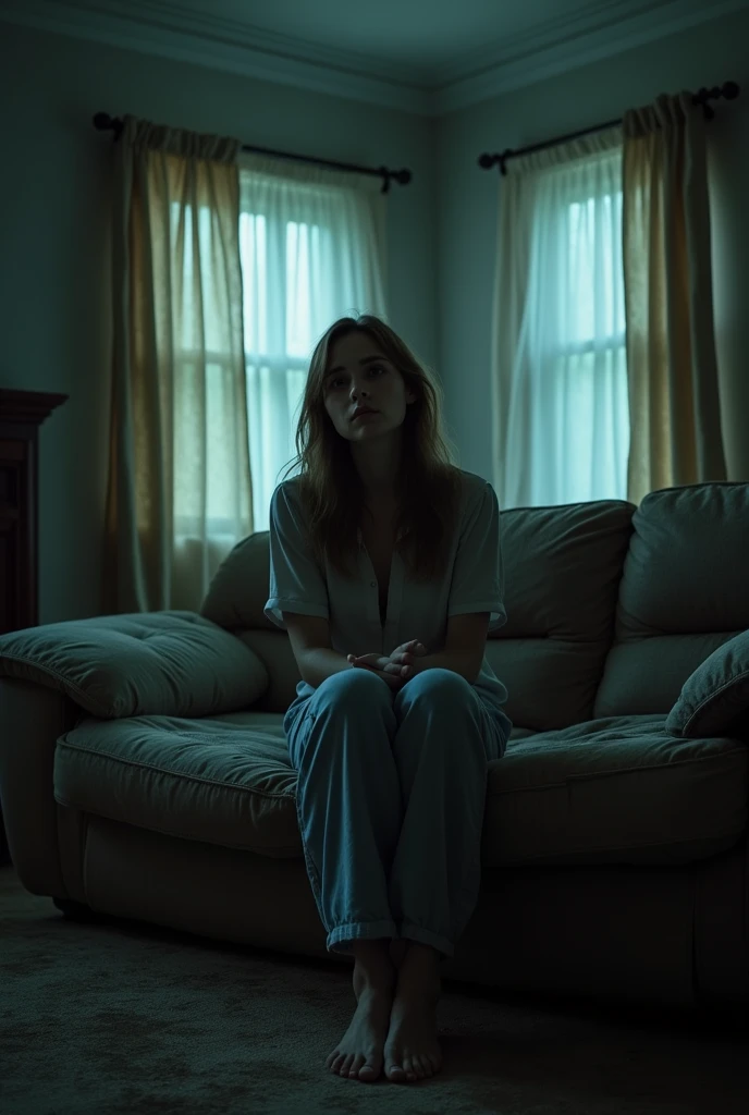 A young scared woman sitting on a worn out couch in a living room with all the lights on