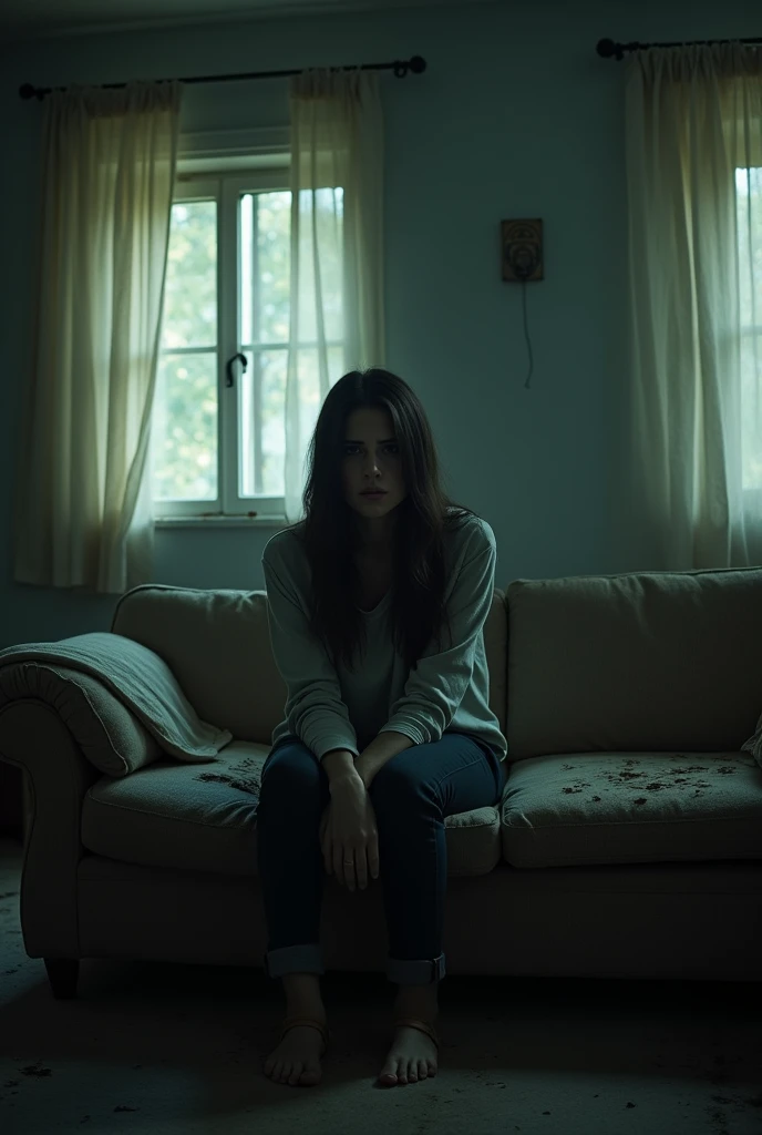 A young scared woman sitting on a worn out couch in a living room with all the lights on