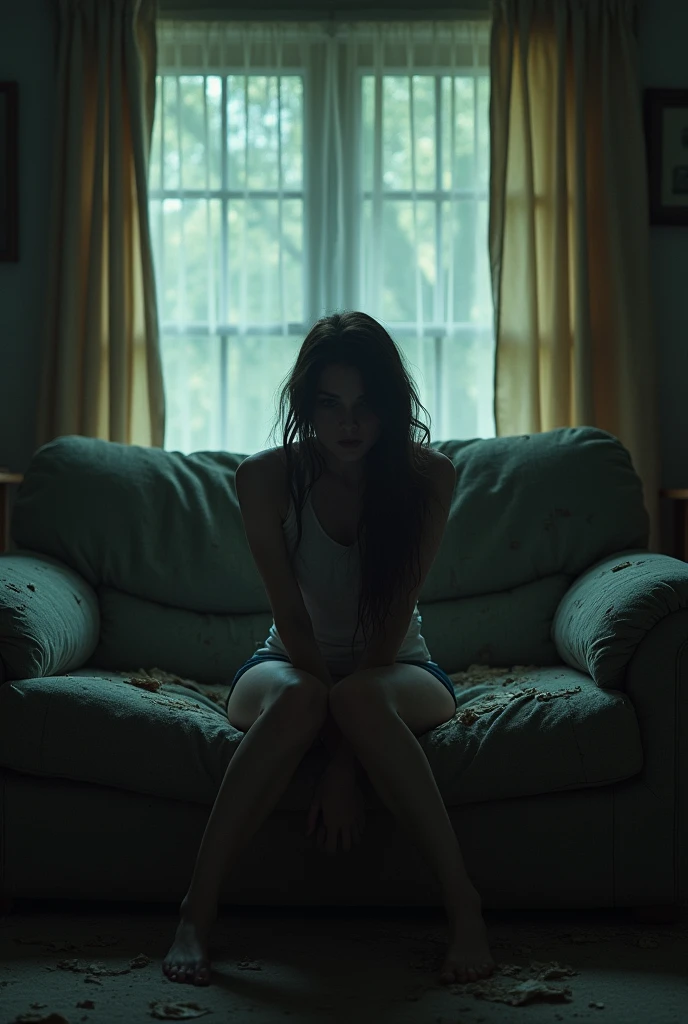 A young scared woman sitting on a worn out couch in a living room with all the lights on 