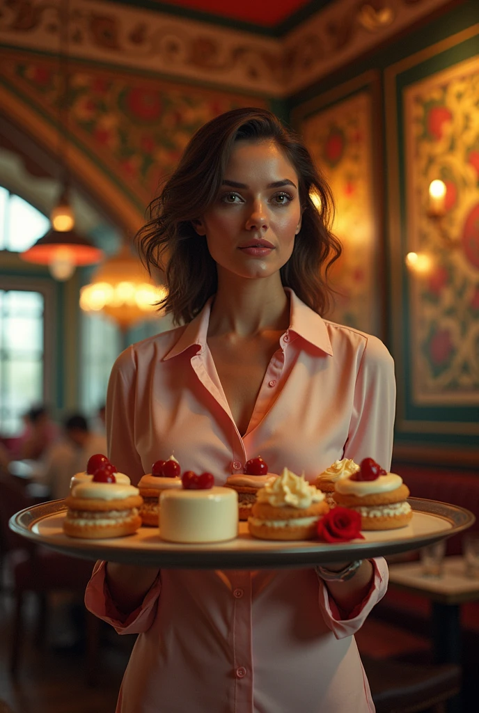 A woman carrying a tray of desserts, low-angle shot, confident and graceful, cafe interior with eclectic decor and hanging artwork, intricate details, photorealistic, warm lighting, vibrant colors, cinematic composition