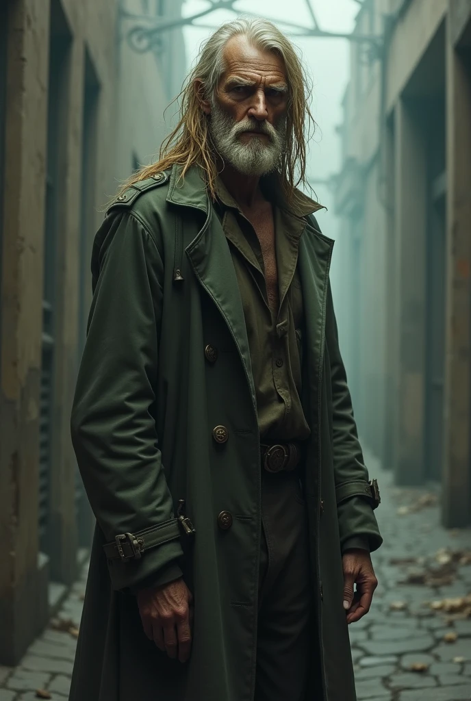 one men, with long blond hair, Scrawny, with overcoat
