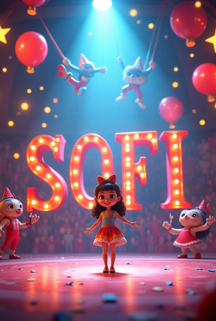 create a 3d circus image, and coloca en letras grandes and en español, the name of "SOFI" and "Fifteen years"