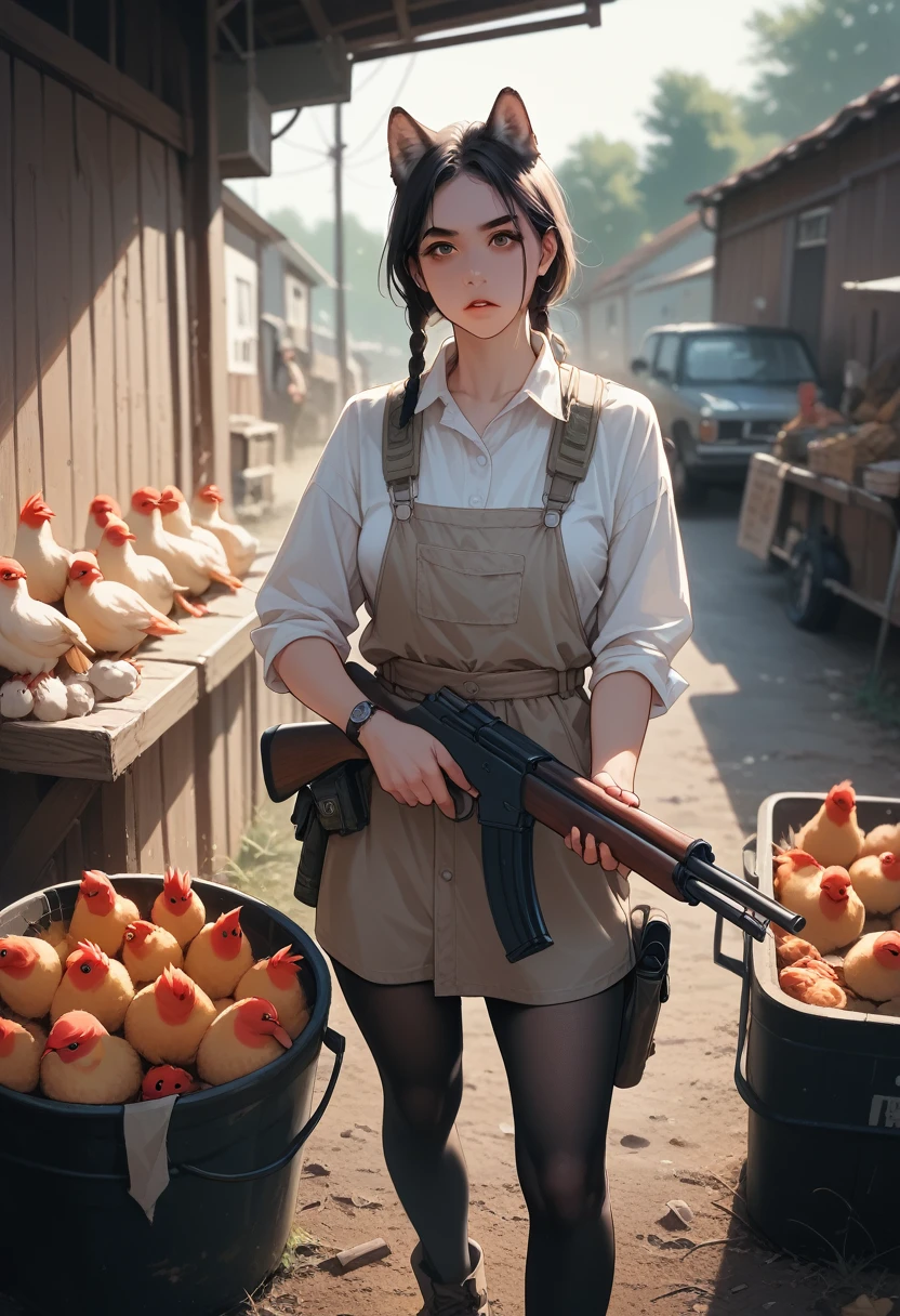 a wolf with a shotgun as if she were standing shooting at chickens inside a cartoon-style chicken coop for a cover with image size 2560x1440 with more chicken