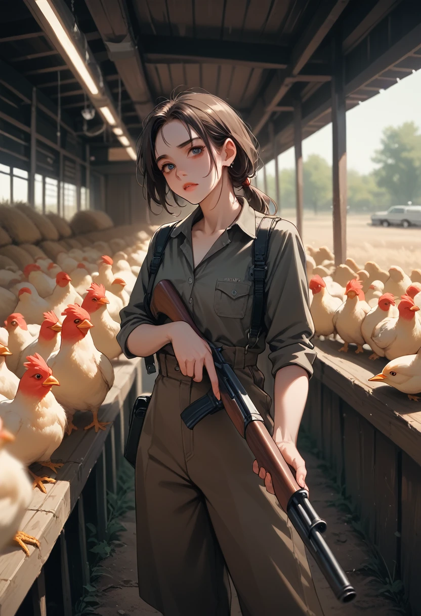 a wolf with a shotgun as if she were standing shooting at chickens inside a cartoon-style chicken coop for a cover with image size 2560x1440 with more chicken