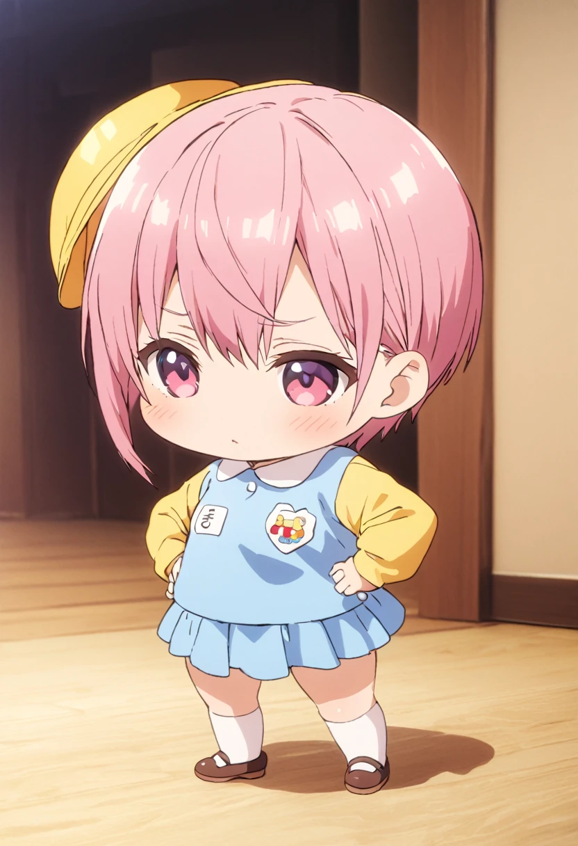 (Highest quality, 4K, 8k, High resolution, masterpiece:1.2), Very detailed, Picturesque, Animated Photography, Photo Animation:1.37)、Japanese schoolgirl、(Pink Hair)、(short hair)、stnding、(chibi:1.4),blue shirt,(kindergarten uniform:1.2),(yellow school hat:1.15),(blue skirt:1.1),(tulip-shaped name tag、いちか:1.05)、standing、Hands on Hips、Full body photography、Nakano ichika
