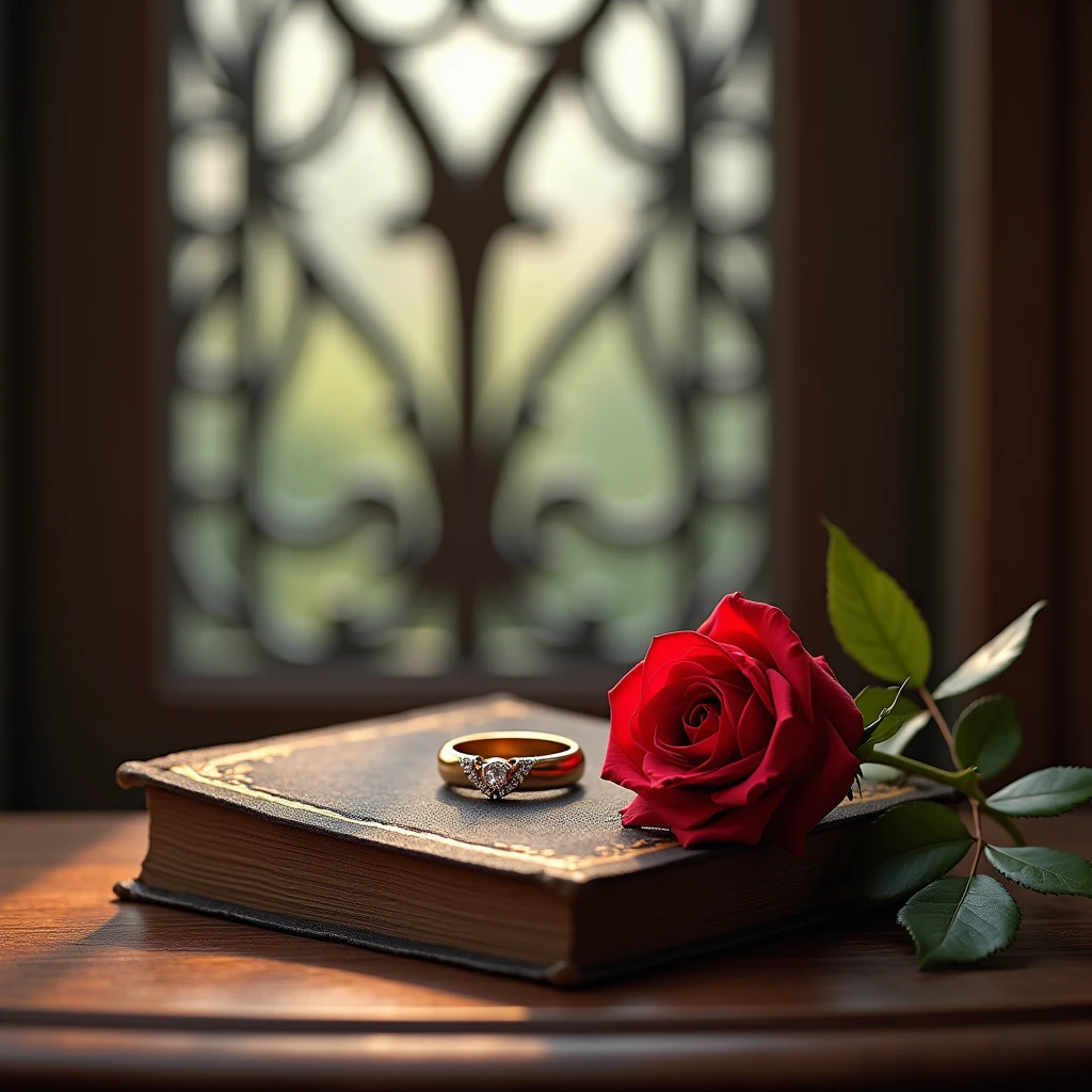 book,ring,red rose,By the window