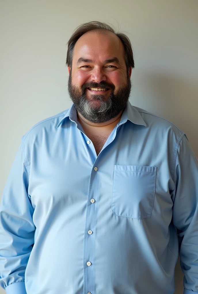 Now create a salesman, with a Brazilian face, 30years, with a salesman's manner. slightly fat, scruffy beard, half bald. The background should be a simple wall, He must be wearing a light blue dress shirt. It must be very realistic, he must look like a family man. He can't look that old