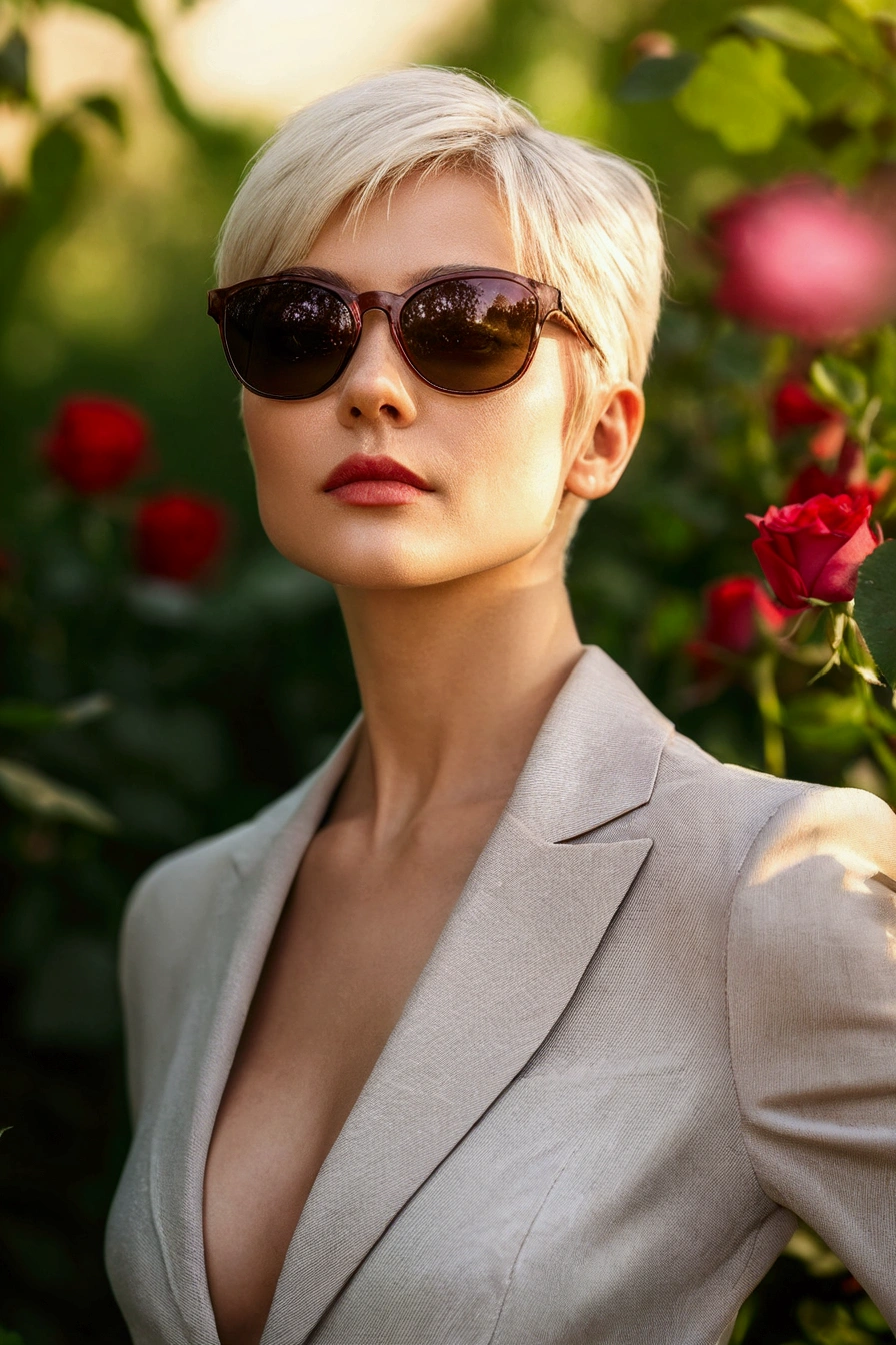 UHD ultra precise 8K digital copy of a blond woman with sunglasses posing in front of roses in a garden, woman with rose tinted glasses, aleksandra waliszewska, alina ivanchenko, yelena belova, irina nordsol kuzmina, girl with short white hair, with sunglasses, elegant woman, olga buzova, with sunglass, by Emma Andijewska, woman in flowers
