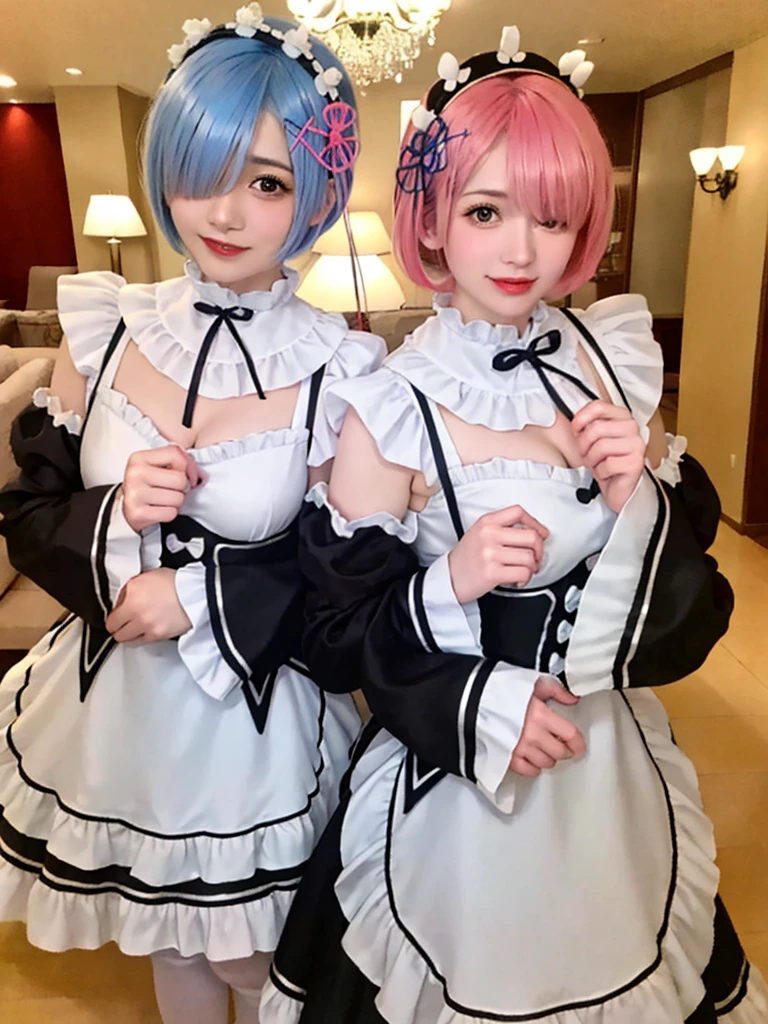 (8K, Photorealistic, Raw photo, of the highest quality: 1.3), (1girl in), Super beautiful, (Realistic face), (boyish, light blue Color Berry Shorthair),(8K, Photorealistic, Raw photo, of the highest quality: 1.3), (1girl in), Super beautiful, (Realistic face), (boyish, pink Color Berry Shorthair), Beautiful , Glare that captivates the viewer, Beautiful expression, Beautiful breasts, (Realistic skin), Be...Create a detailed and colorful image of Ram and Rem from Re:Zero, standing back-to-back in their maid outfits, with a magical fantasy background、14years old, two girls,cute, perfect face, beautiful, nice body, gothic ta clothes, gothic loliashion, frilly skirt, headdress, necklace, bracelet, knee-high socks, boots, double eyelids, tear bags, Detailed down to the fingers, photo-like description, indoors, dim indoor lighting, one girl is pink hair and short bob, another girl is light blue hair and short bob,standing, whole body, composition that shows the whole body, smiling,The Both of them are wearing the same type of maid outfit