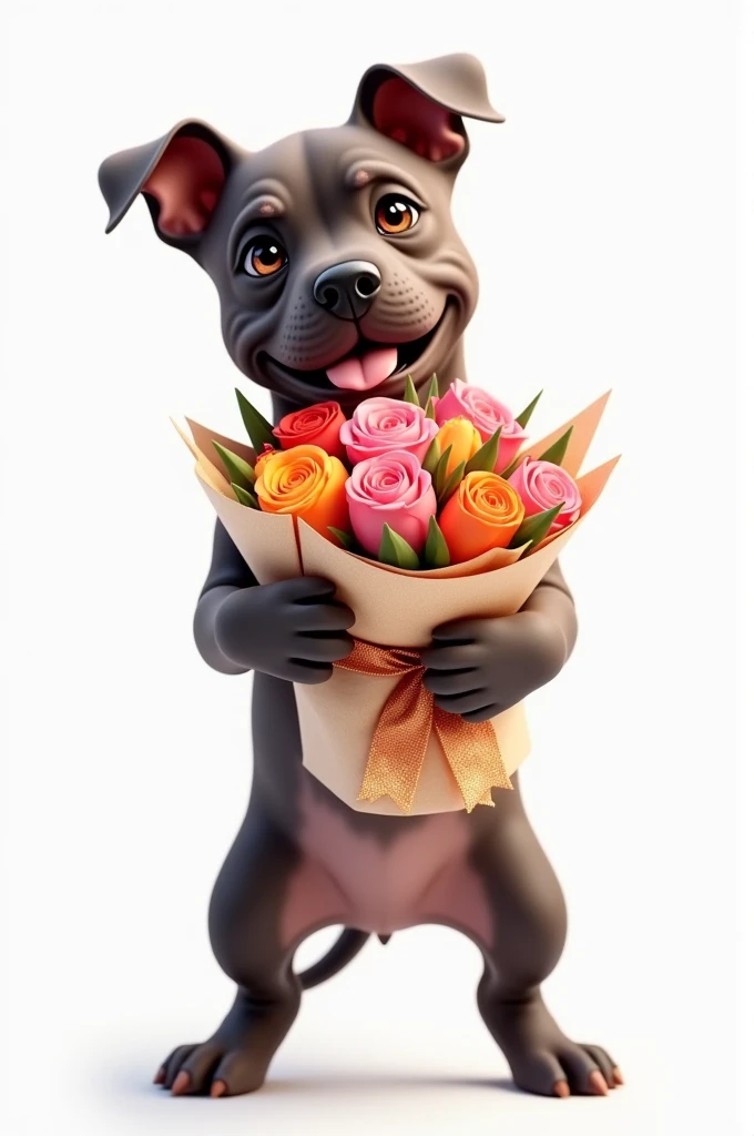 Can you create me an image of a pitbull puppy standing on two legs and between its front paws holding a bouquet of roses wrapped in gift paper? The entire image is on a white background.