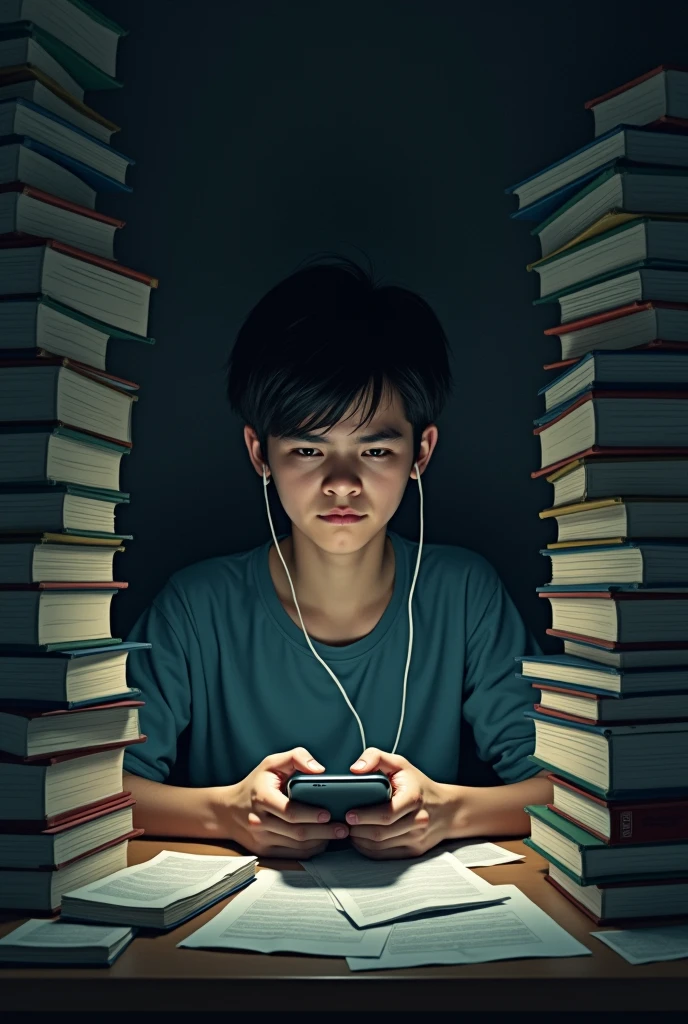 Make a dp of a sad 18 year boy who are stuck in bulk of books. His earphone connected phone lying on the table in which Pubg game was running.
Ensure that Pubg game should clearly visible in phone.