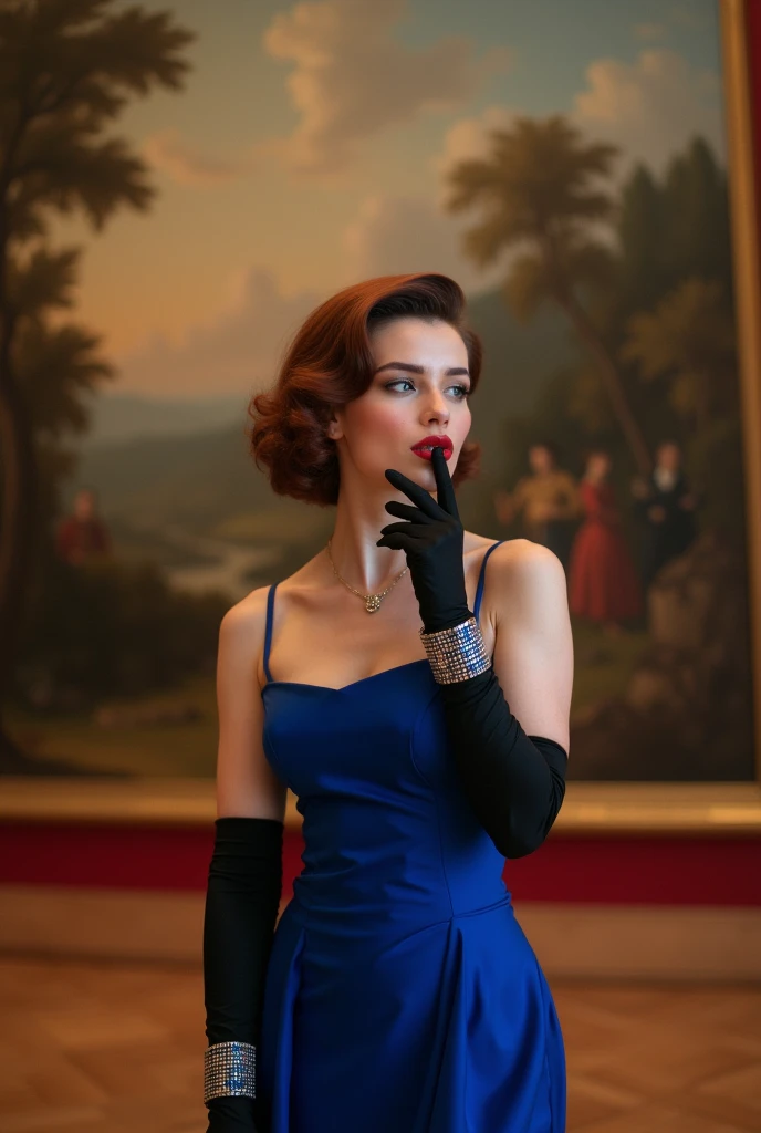  photo of A young, voluptuous Israeli woman. 27 years of age. brown-red 1950's style neck short wavy hair with peekaboo.  blue eyes. glossy dark red lips. faint freckles. (vintage heavy black eyeliner). long lashes.( smoky eyeshadow). wearing cobalt blue fancy satin evening dress with shoulder straps. high heel shoes. wearing shoulder length black tight fitted satin gloves. sapphire and white gold cuff bracelet and matching ring. sapphire necklace. in front of  large classic style landscape painting at a museum gallery. romantic dim lighting. holding a small black clutch. Looking at viewer. eye contact. (Blowing a kiss). puckering lips. smiling 