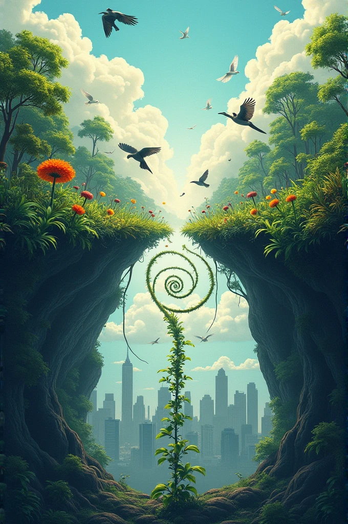 Main Image: A cover divided into two halves: On top, a vibrant natural landscape with birds and lush vegetation; On the bottom, a grey city with buildings and smoke. In the middle, a spiral that connects both worlds, with small green shoots emerging from the grey city and growing into the vibrant landscape.