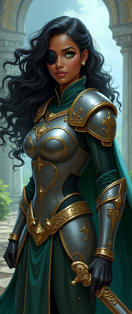 Make it in the style of the DISNEY cartoon. Of a dark-skinned adult woman with long black curly hair, green eyes, with eye patch, wearing armor.