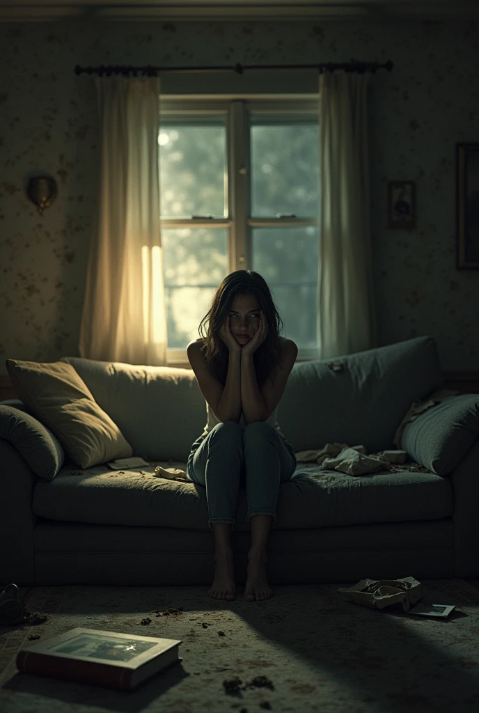 A young scared woman sitting on a worn out couch in a living room with all the house lights on 