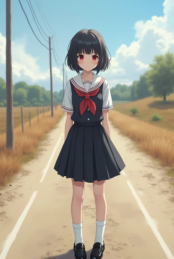 Standing on a deserted country road、high school girl、Black short hair、uniform、skirt,Deep red eyes、barefoot、Cool smile、Full body portrait,Black Loafers,White socks