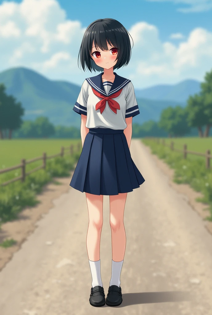 Standing on a deserted country road、high school girl、Black short hair、uniform、skirt,Deep red eyes、barefoot、Cool smile、Full body portrait,Black Loafers,White socks