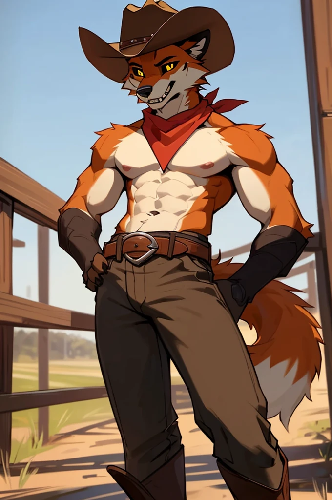 close up, upper body POV, bust, furry, anthro, red fox, long pointed fox ears, fluffy fox tail, ((orange,white and brown fur)), long fluffy mohawk, black hair, messy fur, razor sharp teeth, ((black sclera, yellow pupils)), slim body, handsome, ????, slender, well built, ((wearing a shirtless cowboy outfit, red neckerchief, cowboy hat, cowboy boots with spurs)), pawpads, pink pawpads, wild west background, ((best quality, 4K, UHD, masterpiece, ????)), alone, smiling, hands on ????, looking down at viewer, side eye, 