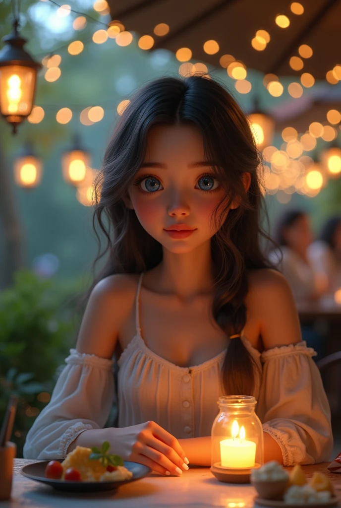 a girl in a garden, taking an order at an outdoor table under a canopy of fairy lights and lanterns, magical evening atmosphere, intricate details, highly detailed face, beautiful blue eyes, delicate facial features, long eyelashes, detailed skin, detailed clothing, beautiful detailed hands, detailed realistic lighting, glowing fairy lights, warm evening colors, soft romantic lighting, cinematic composition, photorealistic, award winning photography, masterpiece, (best quality, 4k, 8k, highres, masterpiece:1.2), ultra-detailed, (realistic, photorealistic, photo-realistic:1.37), HDR, UHD, studio lighting, ultra-fine painting, sharp focus, physically-based rendering, extreme detail description, professional, vivid colors, bokeh