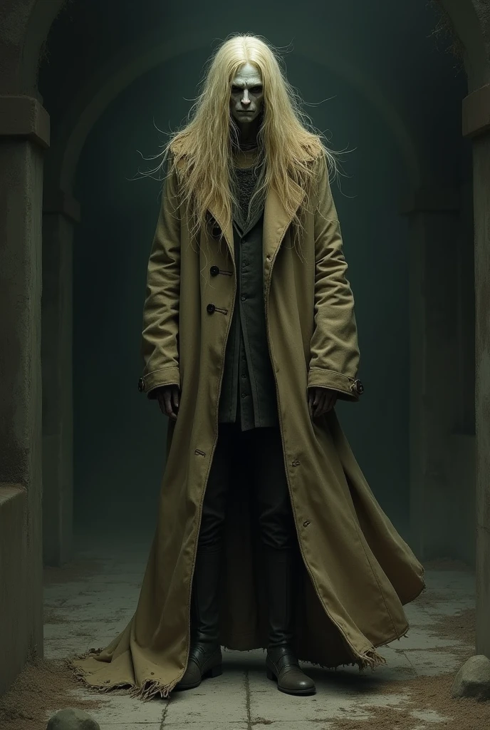 a 2 man, with long blond hair, Scrawny, with overcoat