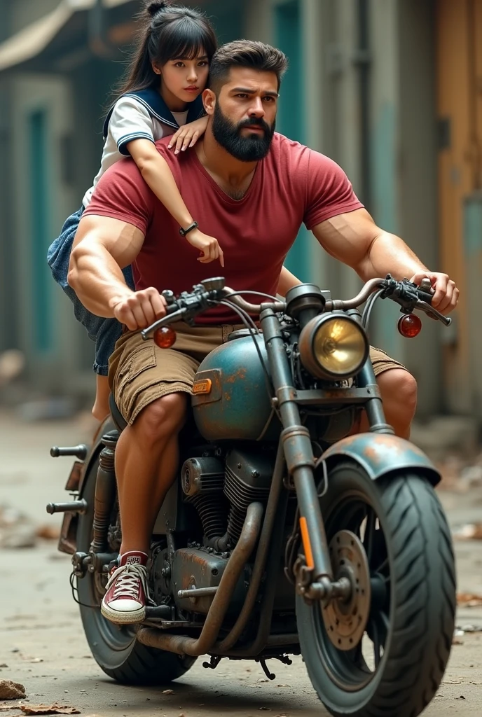 Muscular man wearing a shirt with long shorts Long loose shorts With pockets on the sides with converse sneakers red T-shirt and brown shorts Long short, Normal musculature With beard and baseball cap Realistic musculature Riding a dark blue steampunk worn-out rusty motorcycle and clinging to her back a  adult woman in school uniform Sailor uniform with skirt 