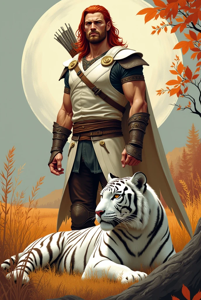 Beautiful male ranger long dark red hair short stubble  light white leather armour longbow white tiger resting in high grass autumn colours art deco style 