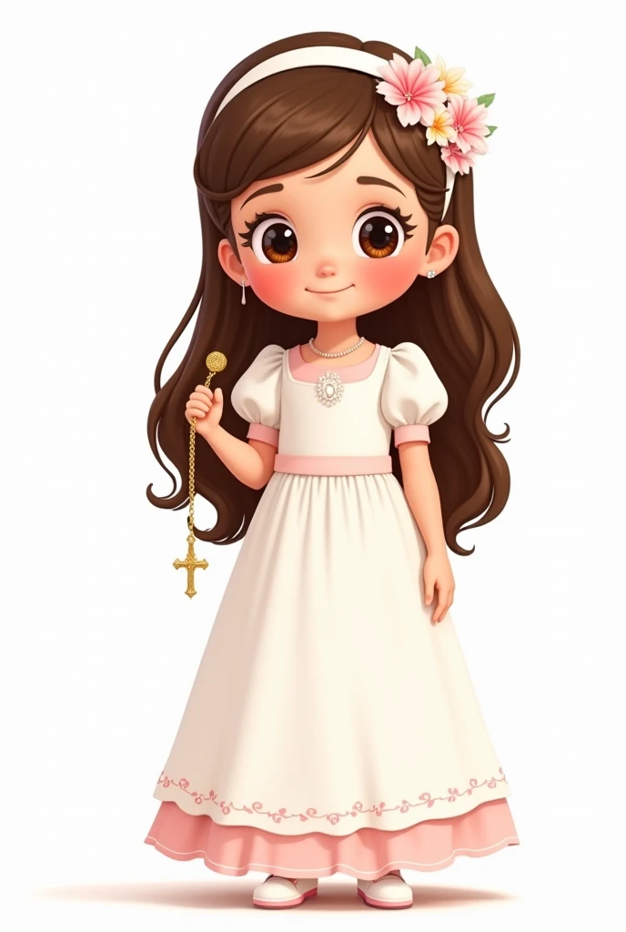 Make me a 2d Pixar style animated illustration,
on a white background of a girl with a sweet and simple style. The girl is dressed for a first communion, wearing a white dress with soft pink details. Her dress has puffed sleeves and a long skirt with small decorative edges at the bottom..
The girl has long brown hair, with a white headband adorned with pink and white flowers on one side. in his right hand, he claims, in a perfect way, a golden rosary chain ending in a cross.
The overall style of the illustration is cute and adorable, with a smiling facial expression and big round eyes. The design is simple and lovely, evoking a sense of innocence and purity. Don't make his eyes so big or exaggerated.
