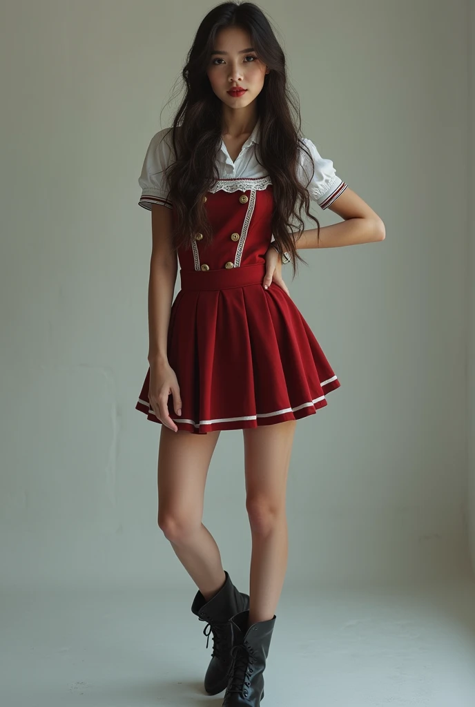 (8k、RAW Photos、Highest quality、masterpiece:1.2)、(Realistic、Realistic)、1 person、((View from the front、Looking into the camera、check、boots、mini skirt、High school uniform、、Standing with one hand on hip、Frills、))、cute russian teen big red fake lips