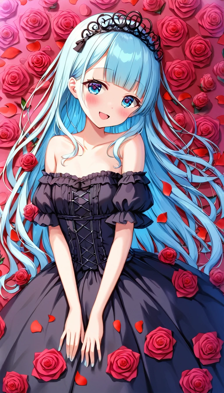 masterpiece, best quality, extremely detailed, (illustration, official art:1.1), 1 girl ,(((( light blue hair)))), ,(((( light blue long hair)))),light blue hair, ,((blush)) , cute face, big eyes, masterpiece, best quality,(((((a very delicate and beautiful girl))))),Amazing,beautiful detailed eyes,blunt bangs((((little delicate girl)))),(((tareme))),droopy eyes.(true beautiful:1.2), sense of depth,dynamic angle,,,, affectionate smile, (true beautiful:1.2),,(tiny 1girl model:1.2),)(flat chest),((Masterpiece)), (Anime:1.3), ((best quality)), (super detail:1.2), (High Definition:1.3), (Professional Photography:1.2), (sharp focus), (perfect light), (fisheye), wide shot, (()), cute , Plaid dress, (Off-Shoulder dress), hoop dress, wearing toy tiara, ****ta fashion, (loose blunt bangs), :3, ((Vibrant Pose)), exposed bare shoulder and arms, ****ta style, cute smile, (naughty smile), open mouth, pretty, (Healthy slim body), emo style, red checker, (((Body is surrounded by Rose flowers and petals: 1.8))), ribbon belt, white lilies,、Impressive eyes, gradient eyes
