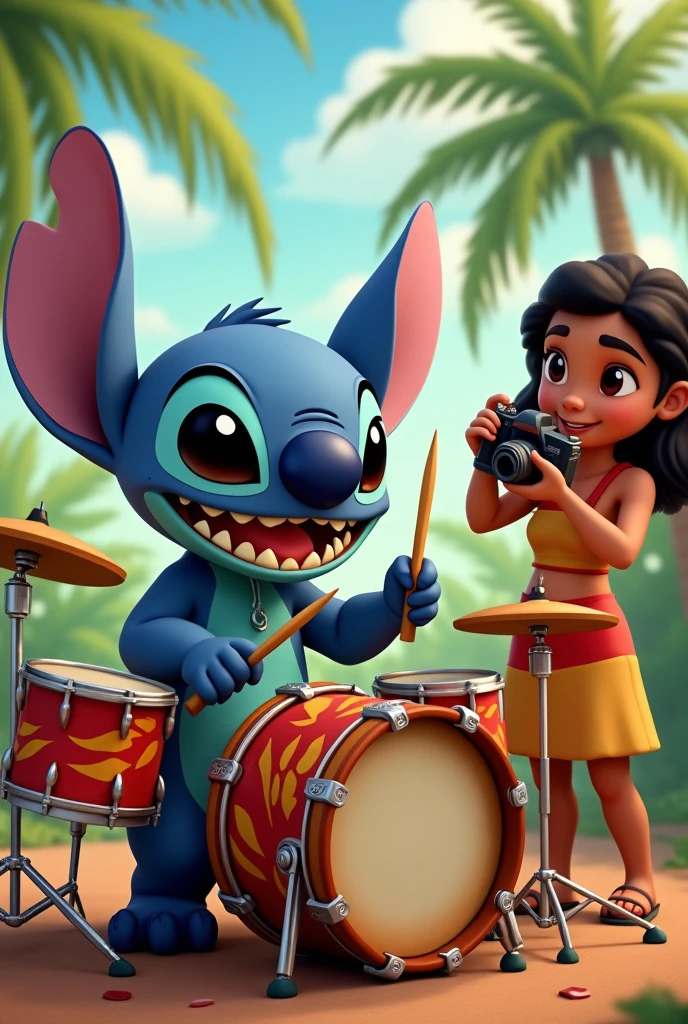 Stitch and Angella, Stitch playing drums and Angella taking photos. Both characters belong to the Lilo and Stitch movie